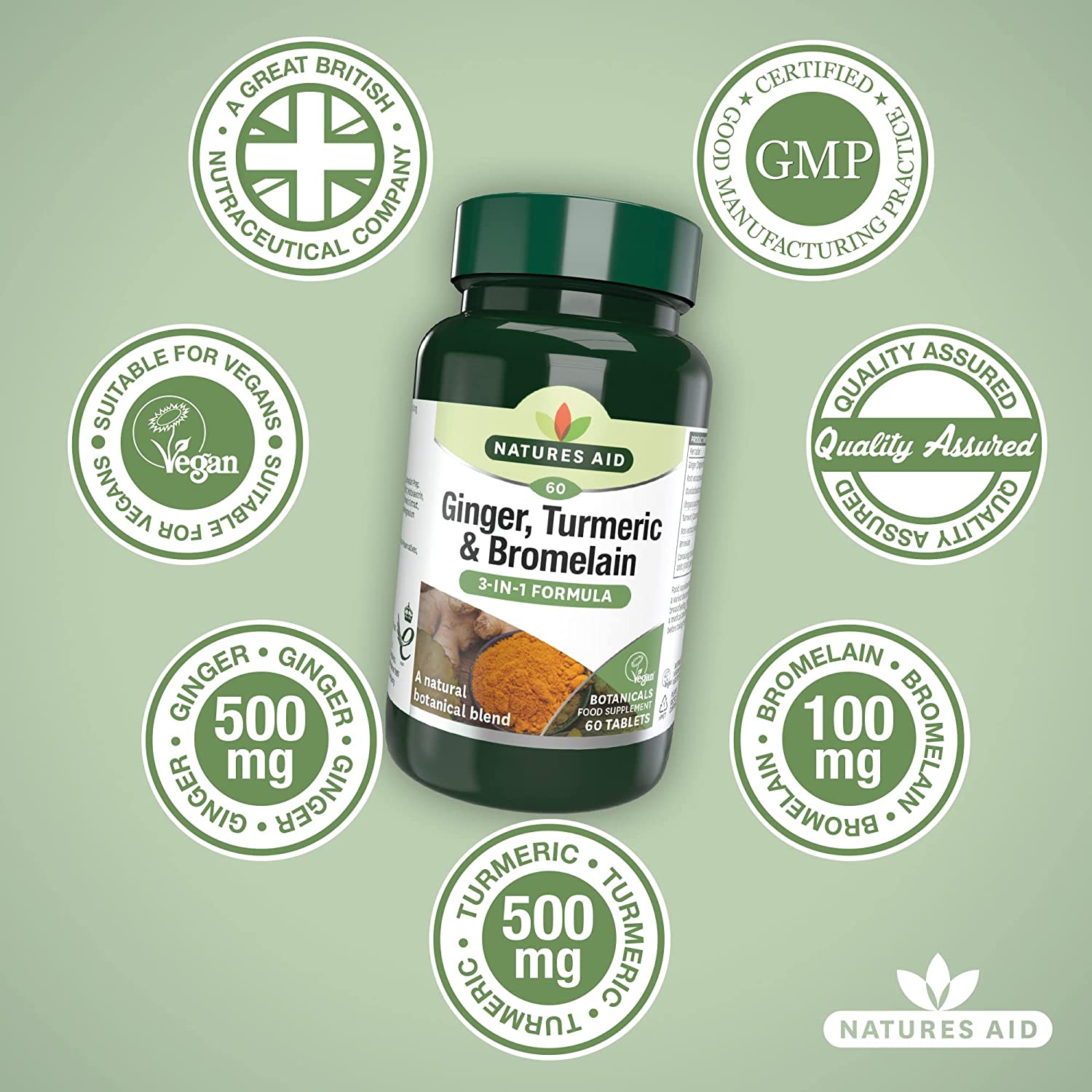 Ginger, Turmeric & Bromelain 3 - in - 1 Botanical Formula 60 Tablets - Eco Natural Products - Natures Aid - Vitamins & Supplements