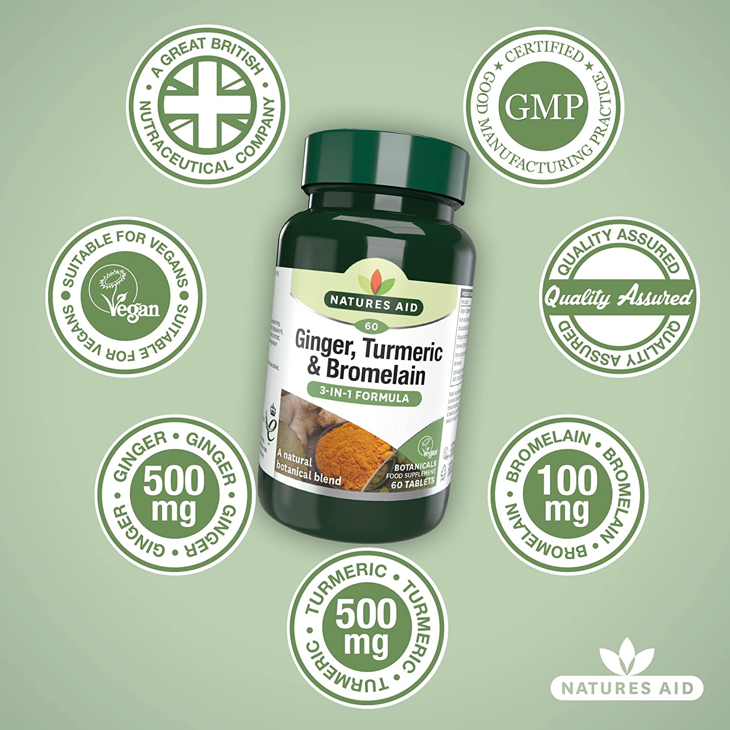 Ginger, Turmeric & Bromelain 3 - in - 1 Botanical Formula 60 Tablets - Natures Aid - Vitamins & Supplements - Eco Natural Products