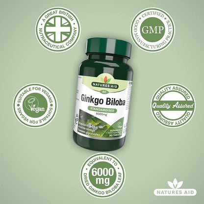 Ginkgo Biloba 6000mg 90 Tablets - Natures Aid - Vitamins & Supplements - Eco Natural Products