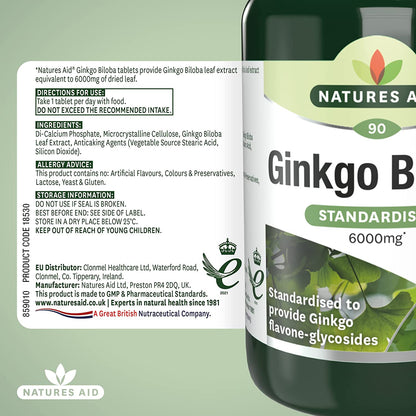 Ginkgo Biloba 6000mg 90 Tablets - Natures Aid - Vitamins & Supplements - Eco Natural Products