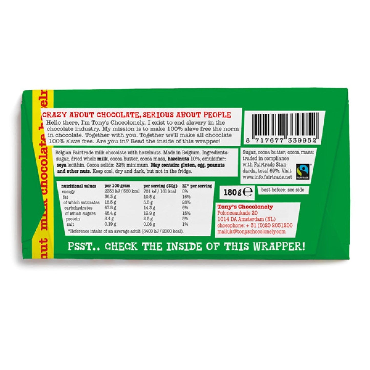 Hazelnut Milk Chocolate Bar 180g - Tony's Chocolonely - Chocolate Bar - Eco Natural Products