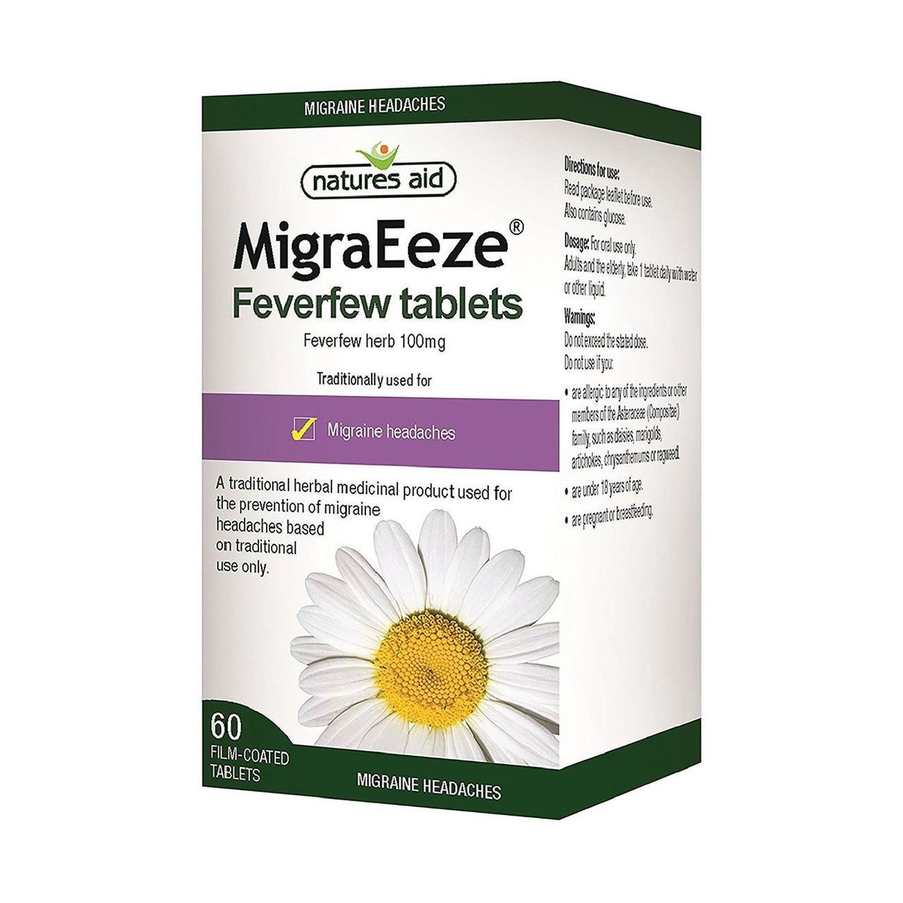 Herbal MigraEeze Feverfew Migraine Headaches 60 Tabs - Eco Natural Products - Natures Aid - Vitamins & Supplements