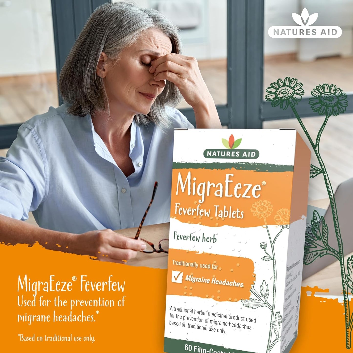 Herbal MigraEeze Feverfew Migraine Headaches 60 Tabs - Natures Aid - Vitamins & Supplements - Eco Natural Products