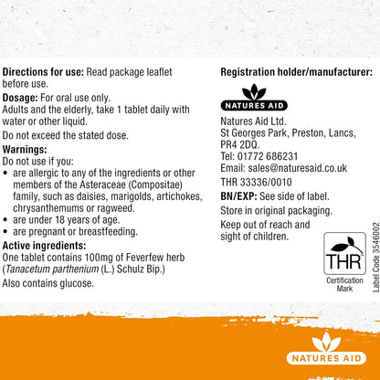 Herbal MigraEeze Feverfew Migraine Headaches 60 Tabs - Natures Aid - Vitamins & Supplements - Eco Natural Products