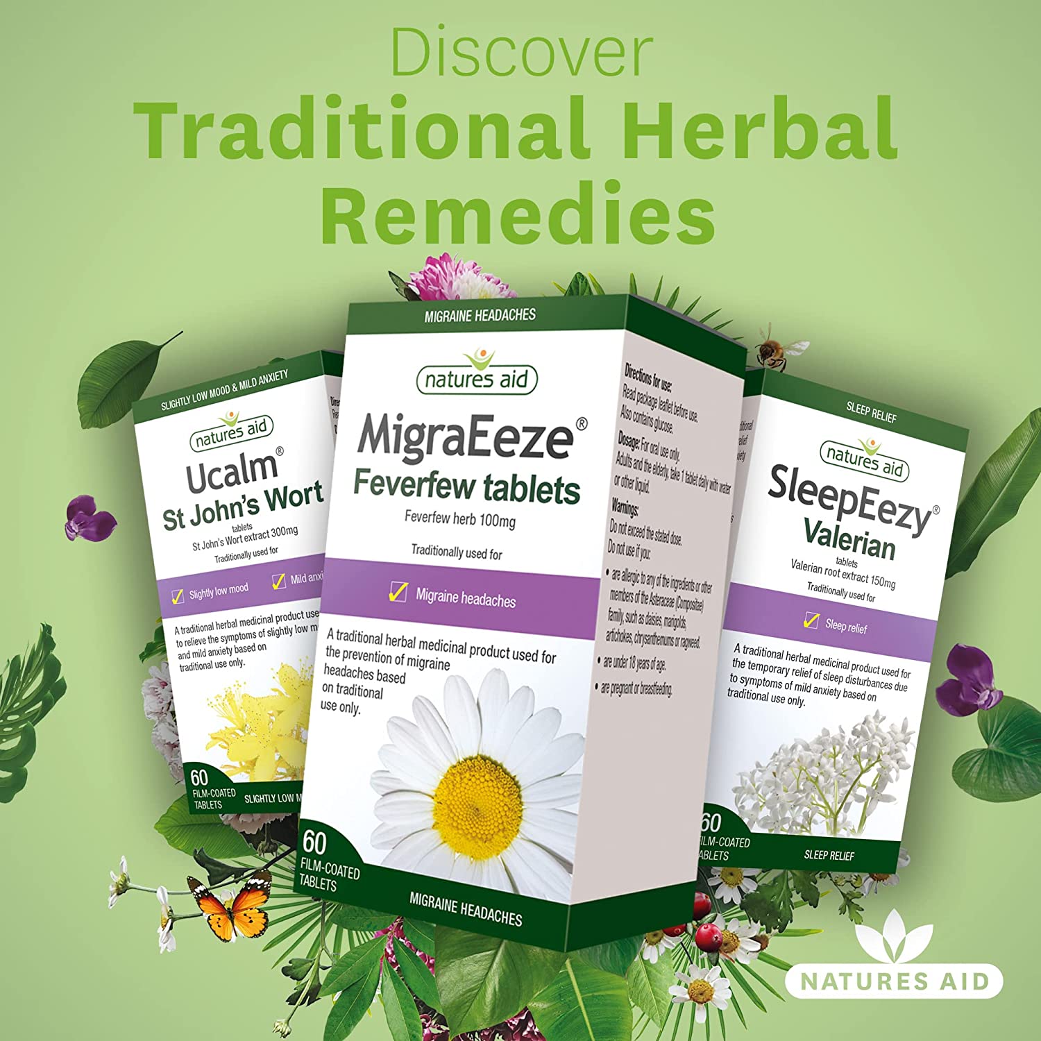 Herbal MigraEeze Feverfew Migraine Headaches 60 Tabs - Eco Natural Products - Natures Aid - Vitamins & Supplements