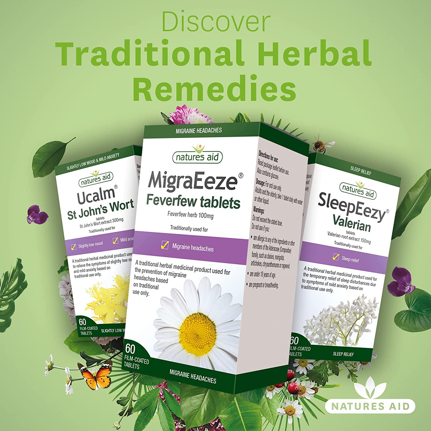 Herbal MigraEeze Feverfew Migraine Headaches 60 Tabs - Natures Aid - Vitamins & Supplements - Eco Natural Products