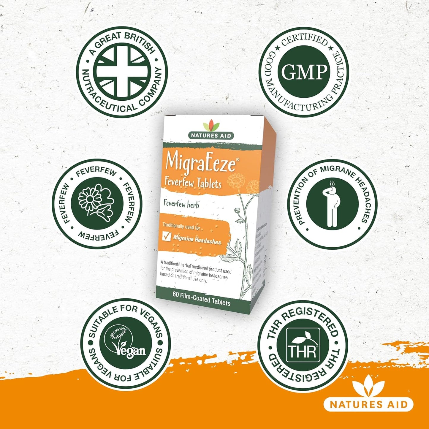 Herbal MigraEeze Feverfew Migraine Headaches 60 Tabs - Natures Aid - Vitamins & Supplements - Eco Natural Products