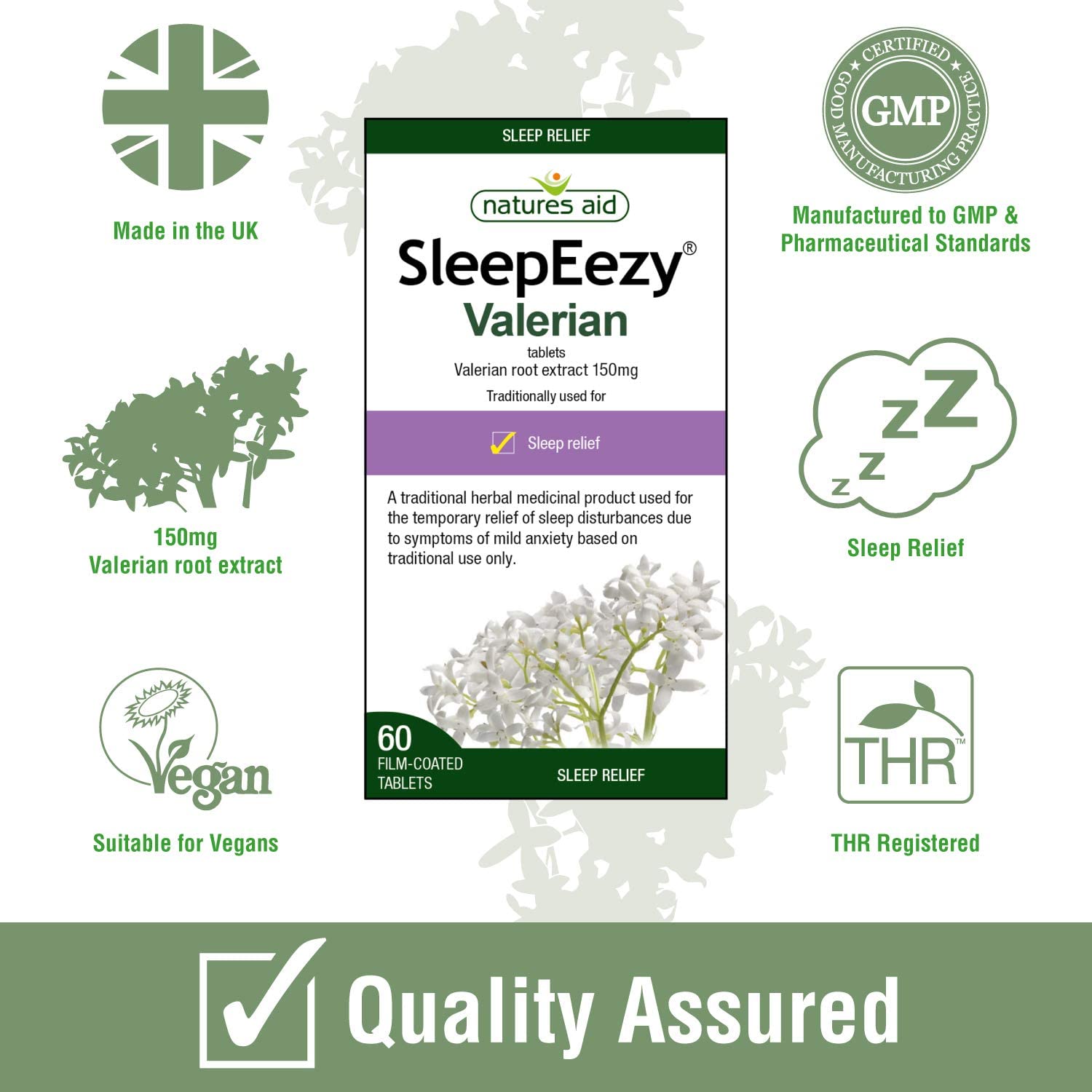 Herbal SleepEezy Valerin Root Extract 150mg Sleep Relief 60 Tablets - Natures Aid - Vitamins & Supplements - Eco Natural Products