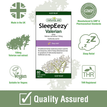 Herbal SleepEezy Valerin Root Extract 150mg Sleep Relief 60 Tablets - Natures Aid - Vitamins & Supplements - Eco Natural Products