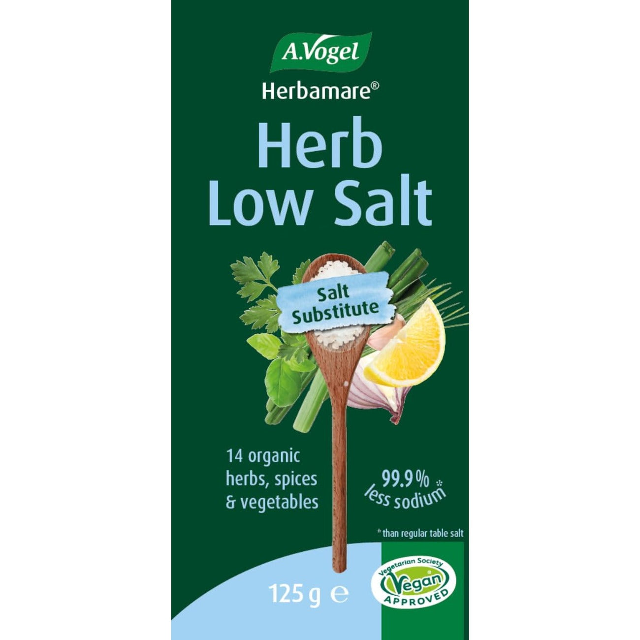 Organic Herbamare Herb Low Salt 125g – front label angled view