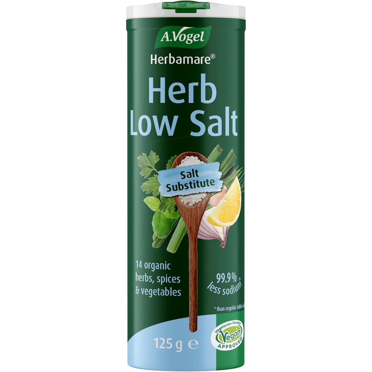 Organic Herbamare Herb Low Salt 125g – A.Vogel salt substitute tub, front label