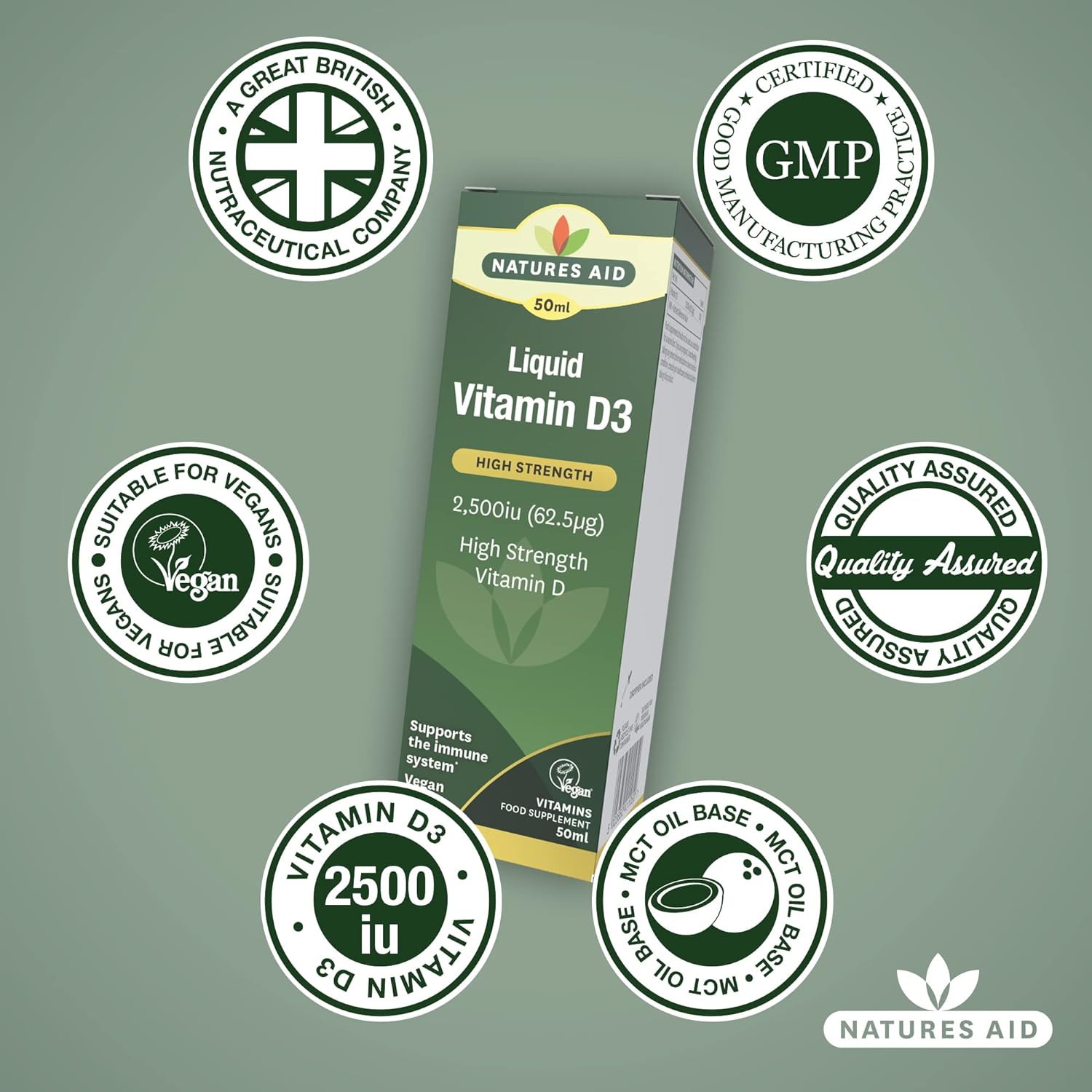 High Strength Liquid Vitamin D3 2500iu 50ml - Natures Aid - Vitamins & Supplements - Eco Natural Products