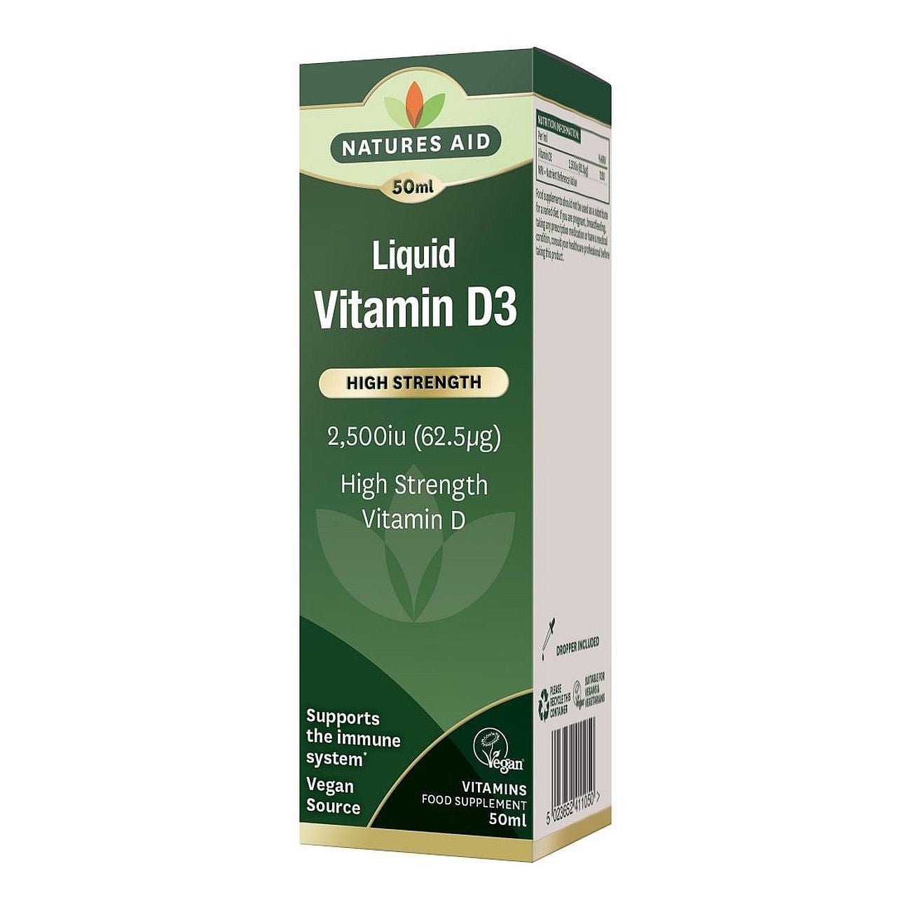 High Strength Liquid Vitamin D3 2500iu 50ml - Natures Aid - Vitamins & Supplements - Eco Natural Products