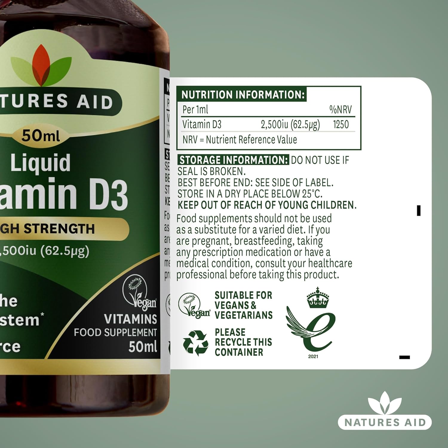 High Strength Liquid Vitamin D3 2500iu 50ml - Natures Aid - Vitamins & Supplements - Eco Natural Products