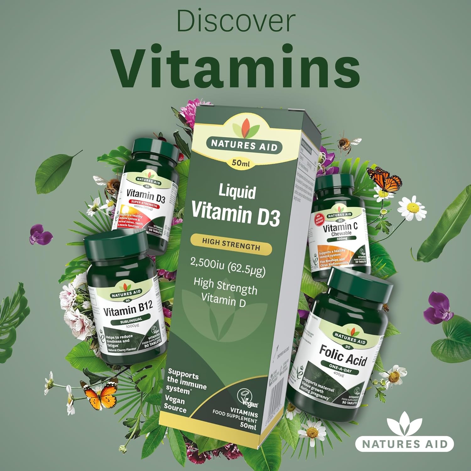 High Strength Liquid Vitamin D3 2500iu 50ml - Natures Aid - Vitamins & Supplements - Eco Natural Products