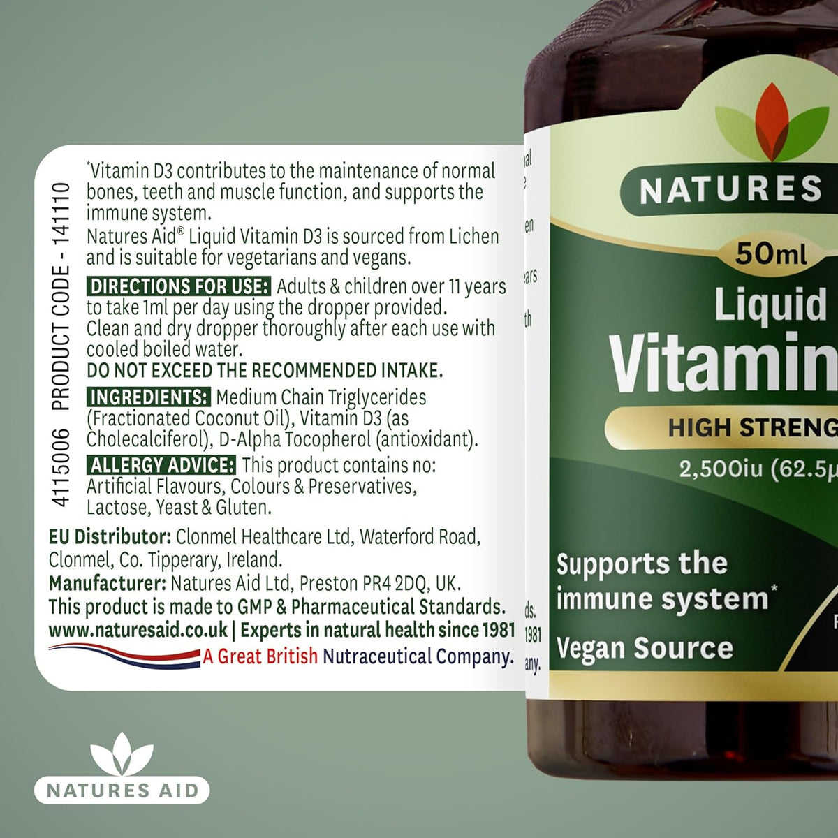 High Strength Liquid Vitamin D3 2500iu 50ml - Natures Aid - Vitamins & Supplements - Eco Natural Products
