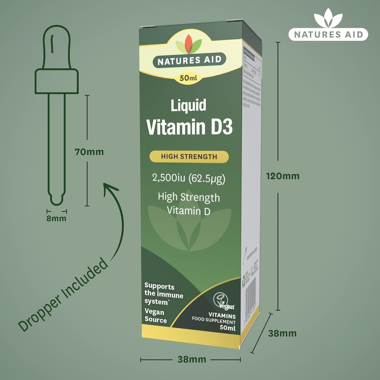 High Strength Liquid Vitamin D3 2500iu 50ml - Natures Aid - Vitamins & Supplements - Eco Natural Products