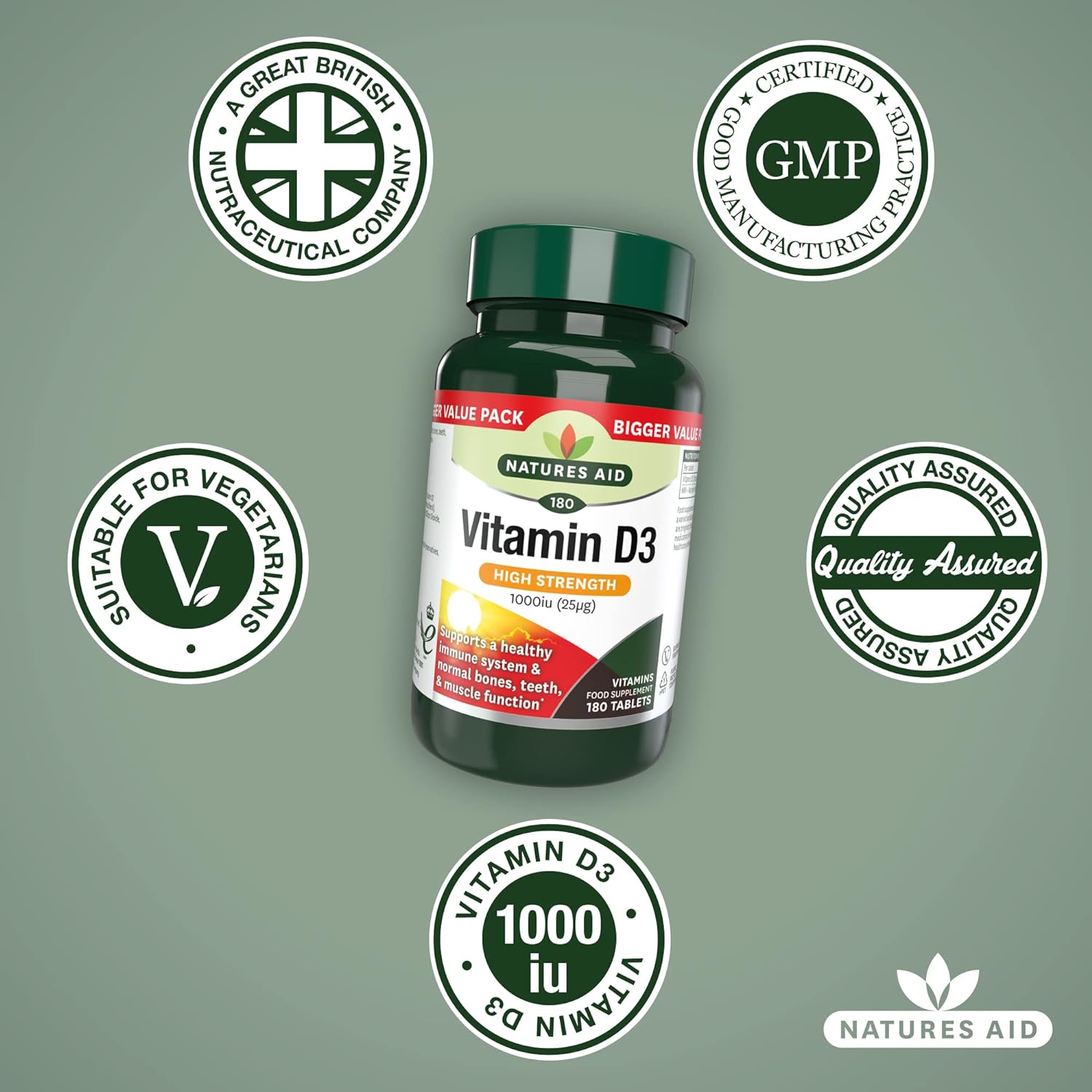 High Strength Vitamin D3 1000iu 180 Tablets - Natures Aid - Food supplement - Eco Natural Products