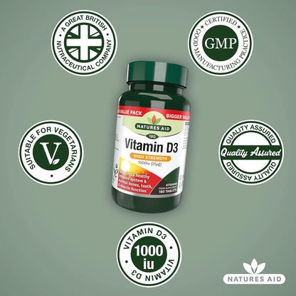 High Strength Vitamin D3 1000iu 180 Tablets - Natures Aid - Food supplement - Eco Natural Products