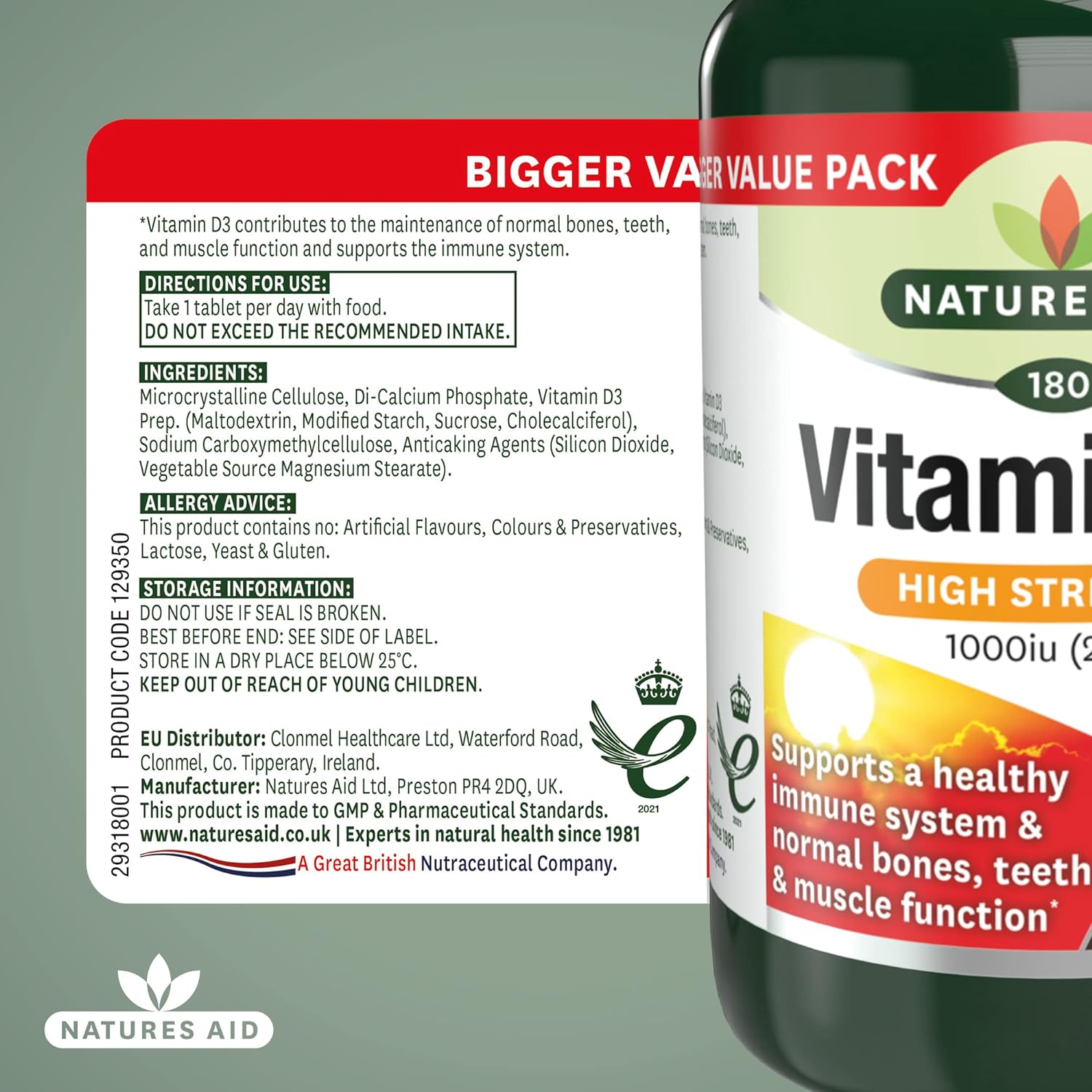 High Strength Vitamin D3 1000iu 180 Tablets - Eco Natural Products - Natures Aid - Food supplement