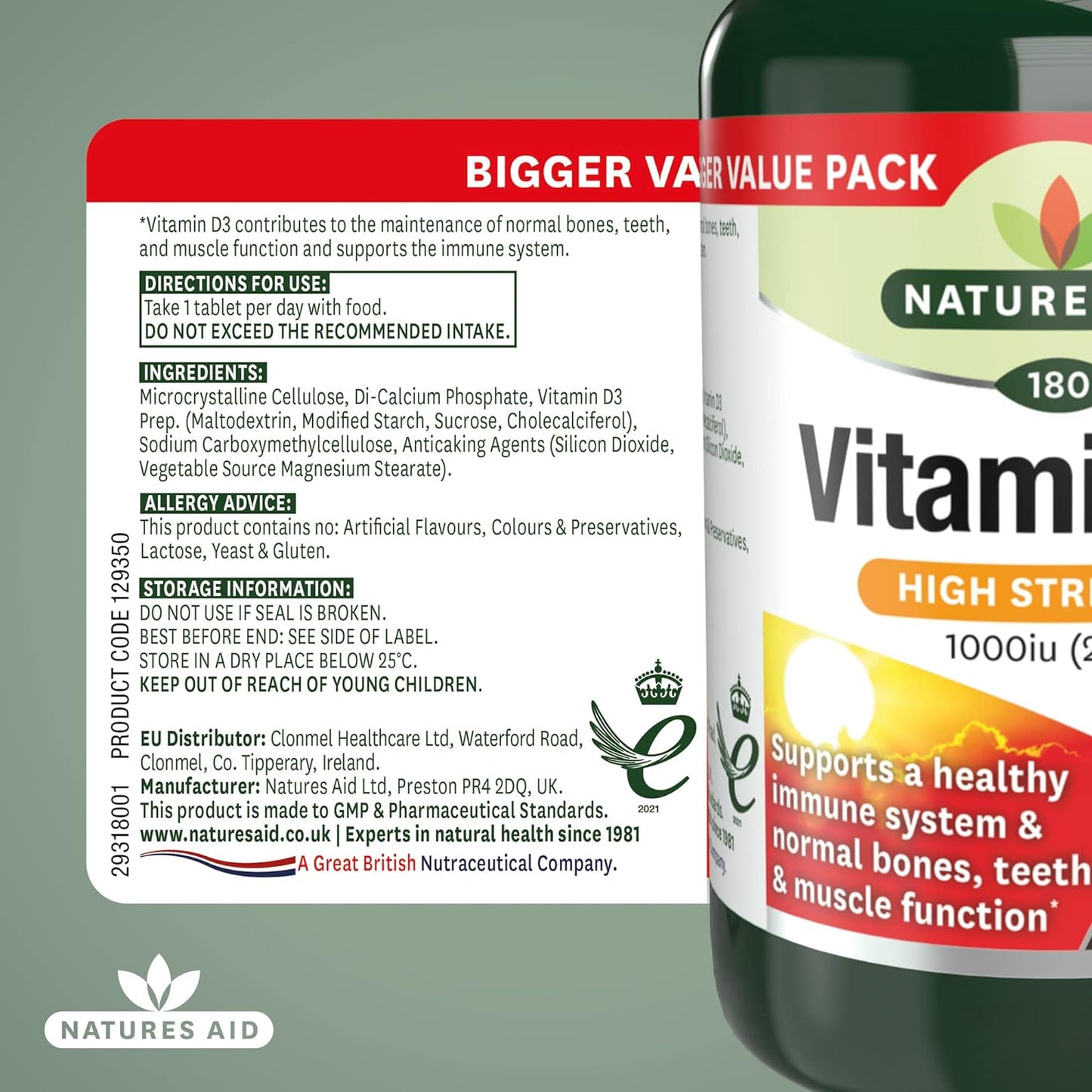 High Strength Vitamin D3 1000iu 180 Tablets - Natures Aid - Food supplement - Eco Natural Products
