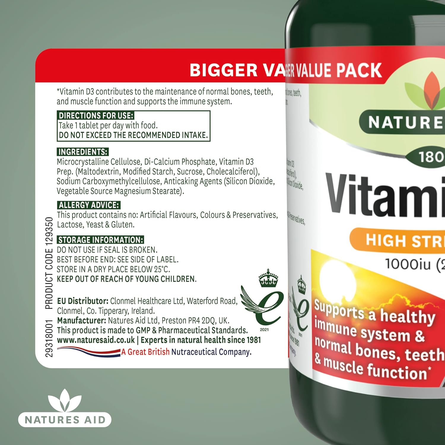 High Strength Vitamin D3 1000iu 180 Tablets - Natures Aid - Food supplement - Eco Natural Products