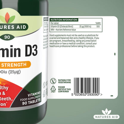 High Strength Vitamin D3 1000iu 90 Tablets - Natures Aid - Vitamins & Supplements - Eco Natural Products