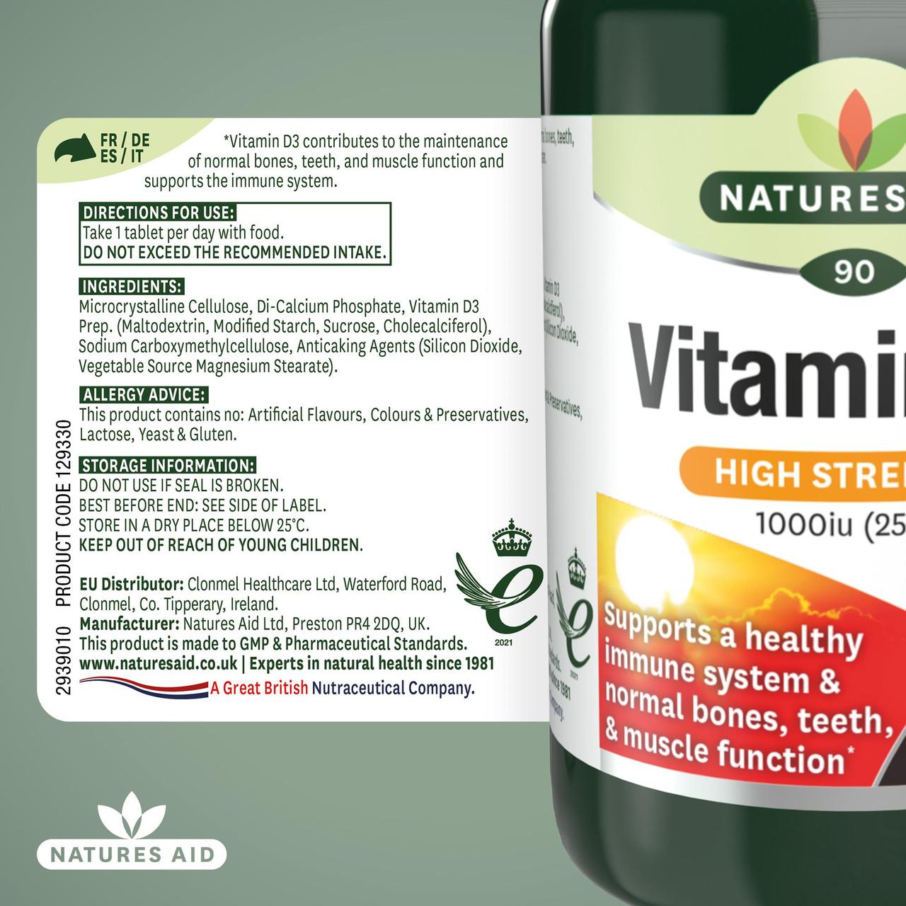 High Strength Vitamin D3 1000iu 90 Tablets - Natures Aid - Food supplement - Eco Natural Products