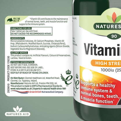 High Strength Vitamin D3 1000iu 90 Tablets - Natures Aid - Food supplement - Eco Natural Products