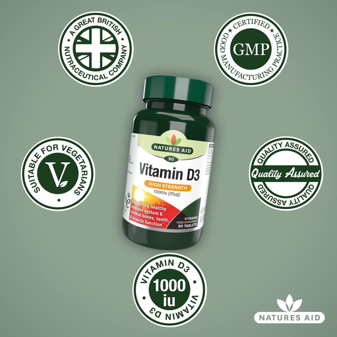 High Strength Vitamin D3 1000iu 90 Tablets - Natures Aid - Vitamins & Supplements - Eco Natural Products