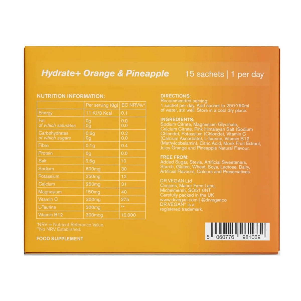 Hydrate+ Orange & Pineapple Electrolytes 15 Sachets - Dr Vegan - Minerals - Dr Vegan