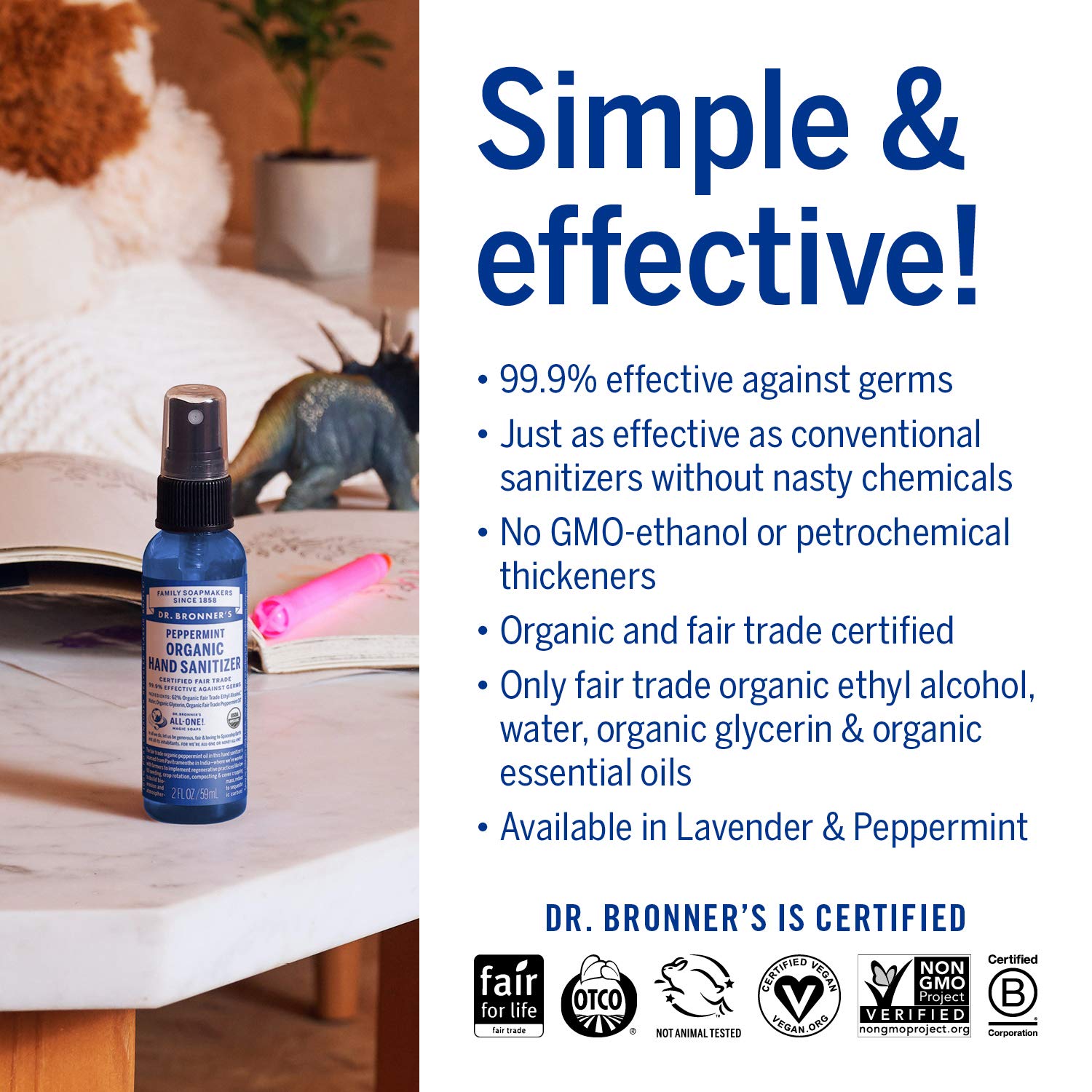 Hygiene Hand Sanitiser Organic Peppermint 60ml - Eco Natural Products - Dr. Bronner - Hand Sanitiser