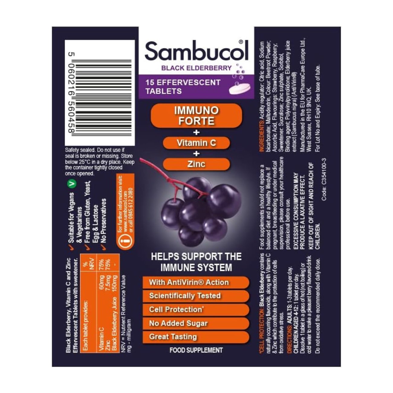 Immuno Forte Black Elderberry Effervescent 15 Tablets - Sambucol - Food Supplement - Eco Natural Products