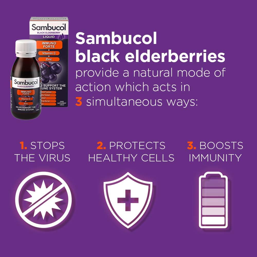 Immuno Forte Black Elderberry Liquid Vitamin C & Zinc 120ml - Sambucol - Food Supplement - Eco Natural Products