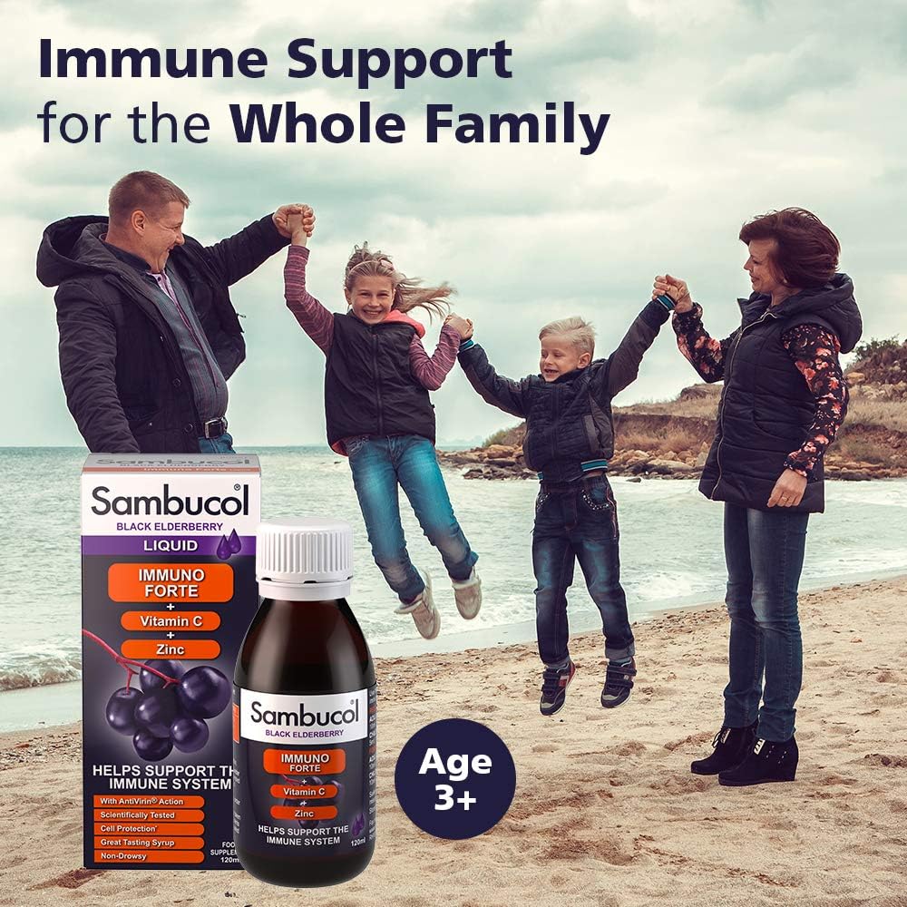 Immuno Forte Black Elderberry Liquid Vitamin C & Zinc 120ml - Sambucol - Food Supplement - Eco Natural Products