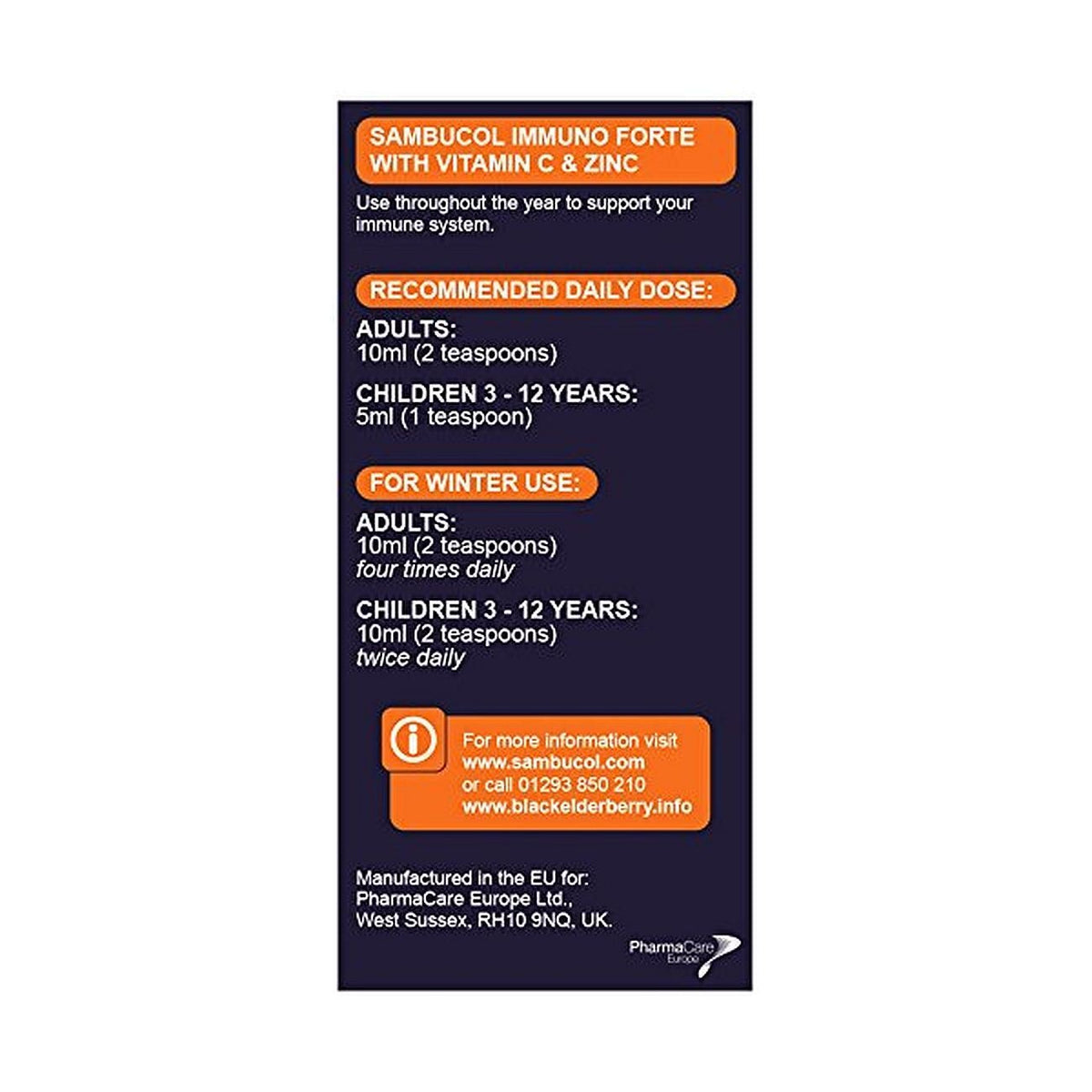 Immuno Forte Black Elderberry Liquid Vitamin C & Zinc 120ml - Sambucol - Food Supplement - Eco Natural Products