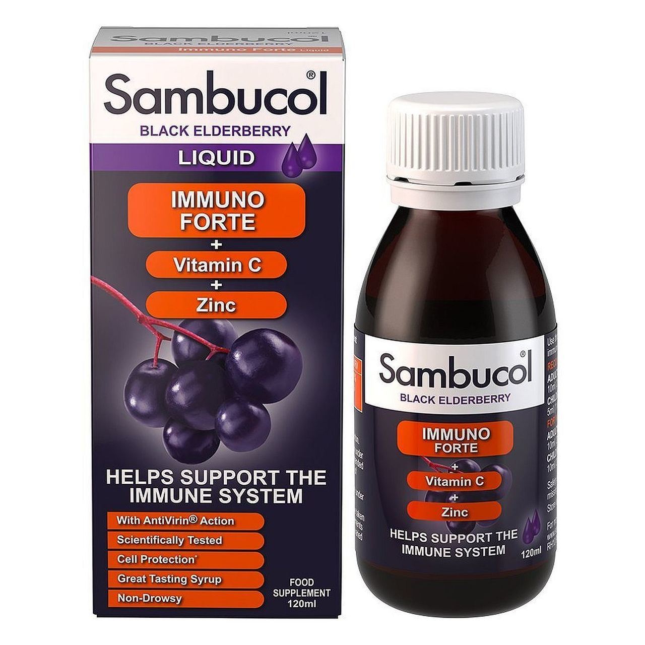 Immuno Forte Black Elderberry Liquid Vitamin C & Zinc 120ml - Sambucol - Food Supplement - Eco Natural Products