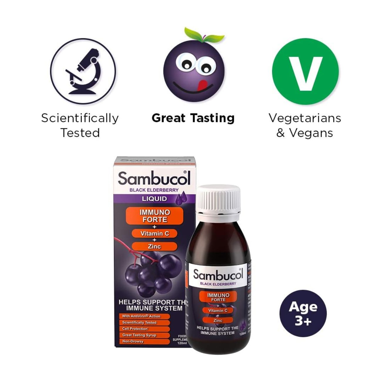 Immuno Forte Black Elderberry Liquid Vitamin C & Zinc 120ml - Sambucol - Food Supplement - Eco Natural Products