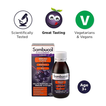 Immuno Forte Black Elderberry Liquid Vitamin C & Zinc 120ml - Sambucol - Food Supplement - Eco Natural Products