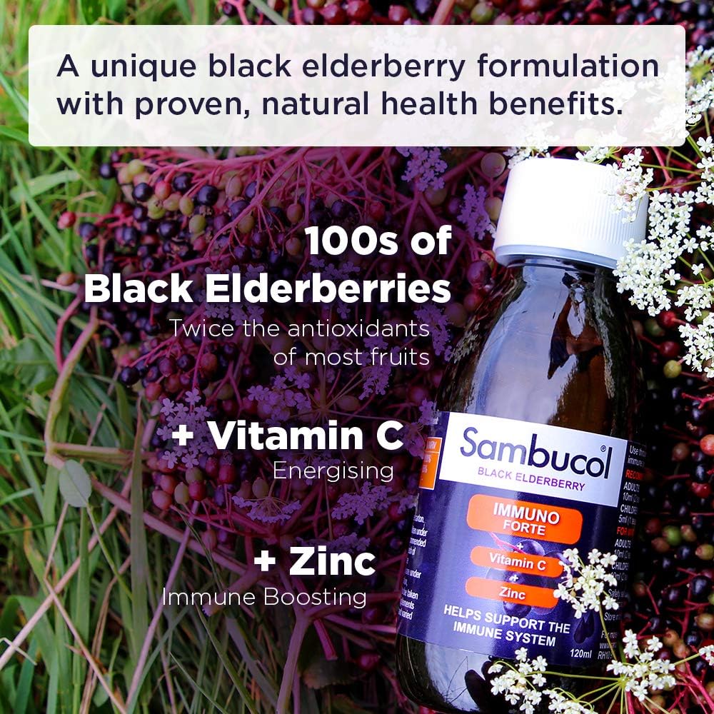 Immuno Forte Black Elderberry Liquid Vitamin C & Zinc 120ml - Sambucol - Food Supplement - Eco Natural Products
