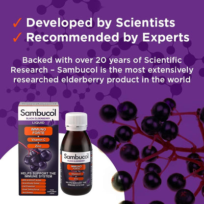Immuno Forte Black Elderberry Liquid Vitamin C & Zinc 120ml - Sambucol - Food Supplement - Eco Natural Products