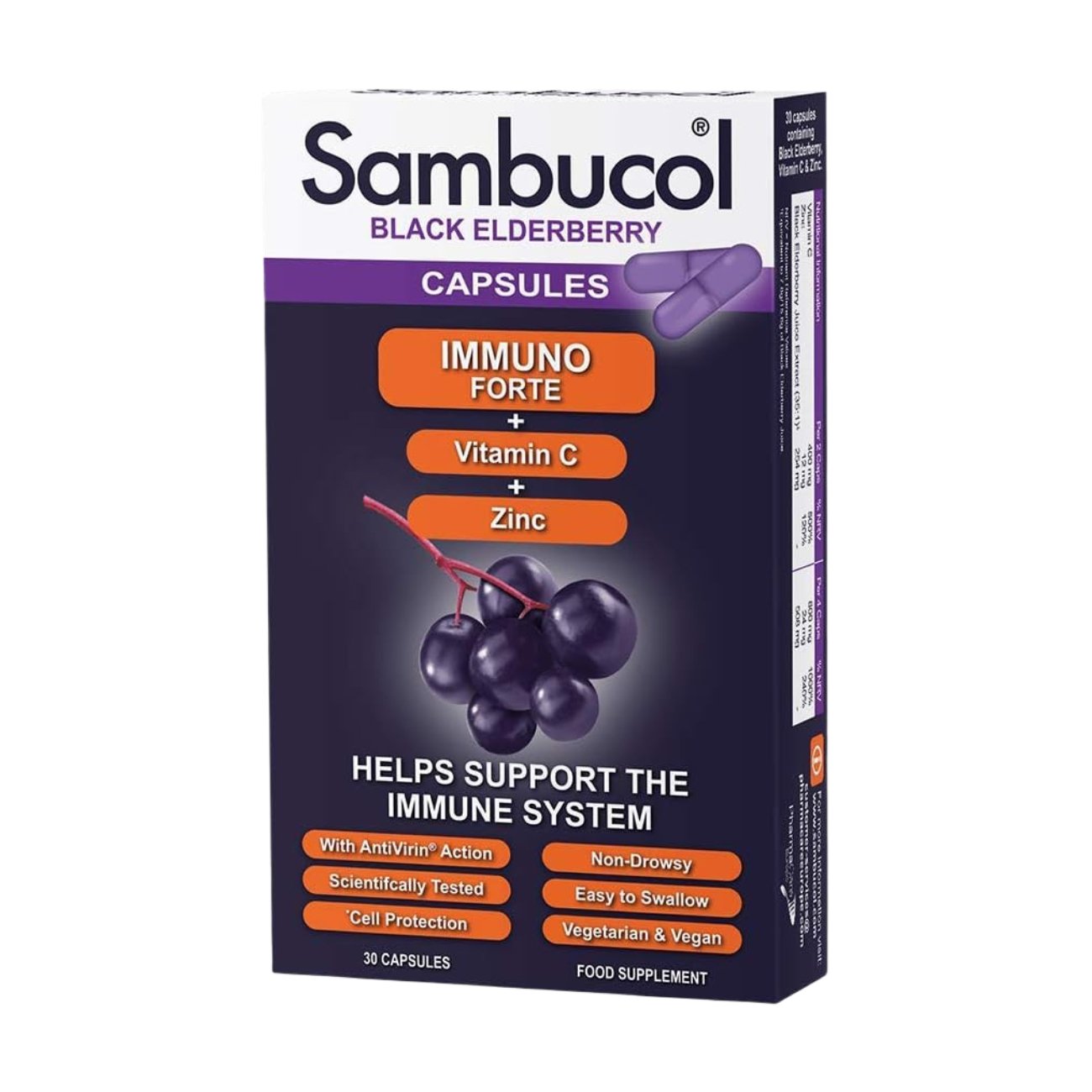 Immuno Forte Black Elderberry Vitamin C & Zinc 30 Capsules - Sambucol - Food Supplement - Eco Natural Products