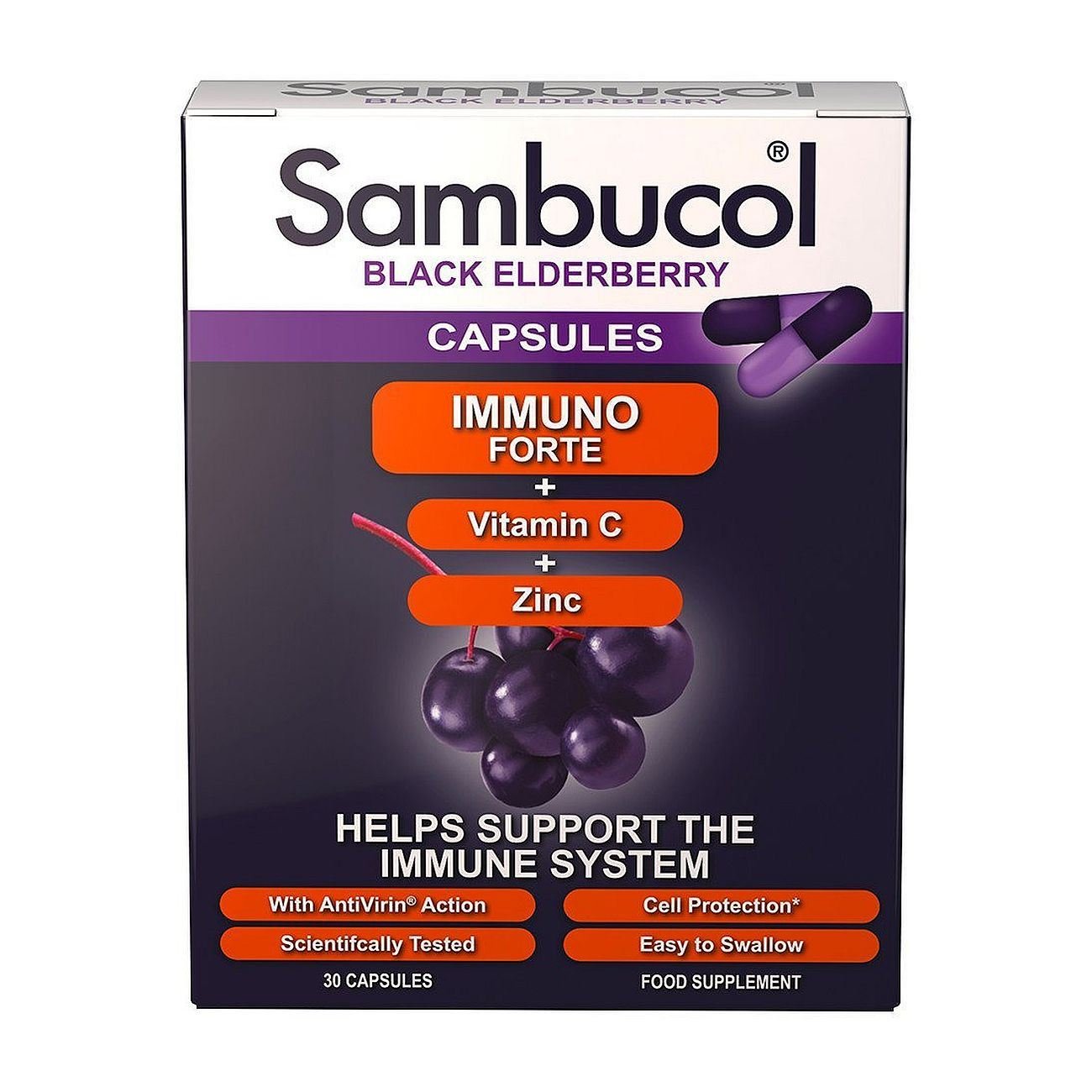 Immuno Forte Black Elderberry Vitamin C & Zinc 30 Capsules - Sambucol - Food Supplement - Eco Natural Products