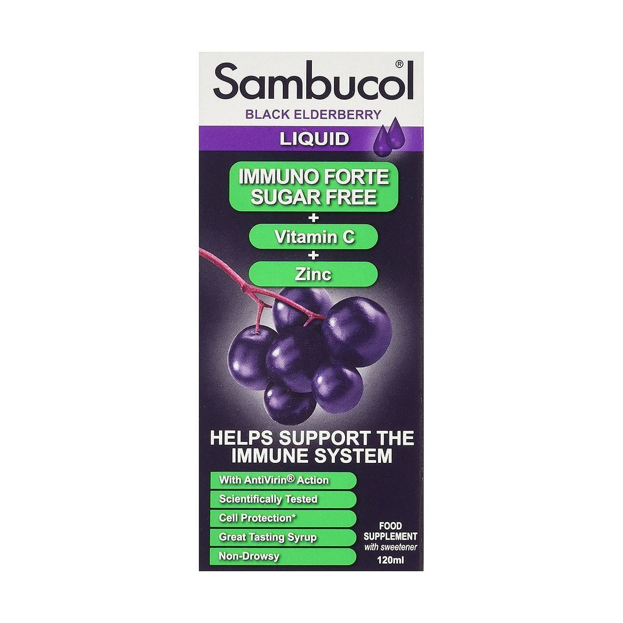 Immuno Forte Sugar Free Black Elderberry Vitamin C & Zinc 120ml - Eco Natural Products - Sambucol - Food Supplement