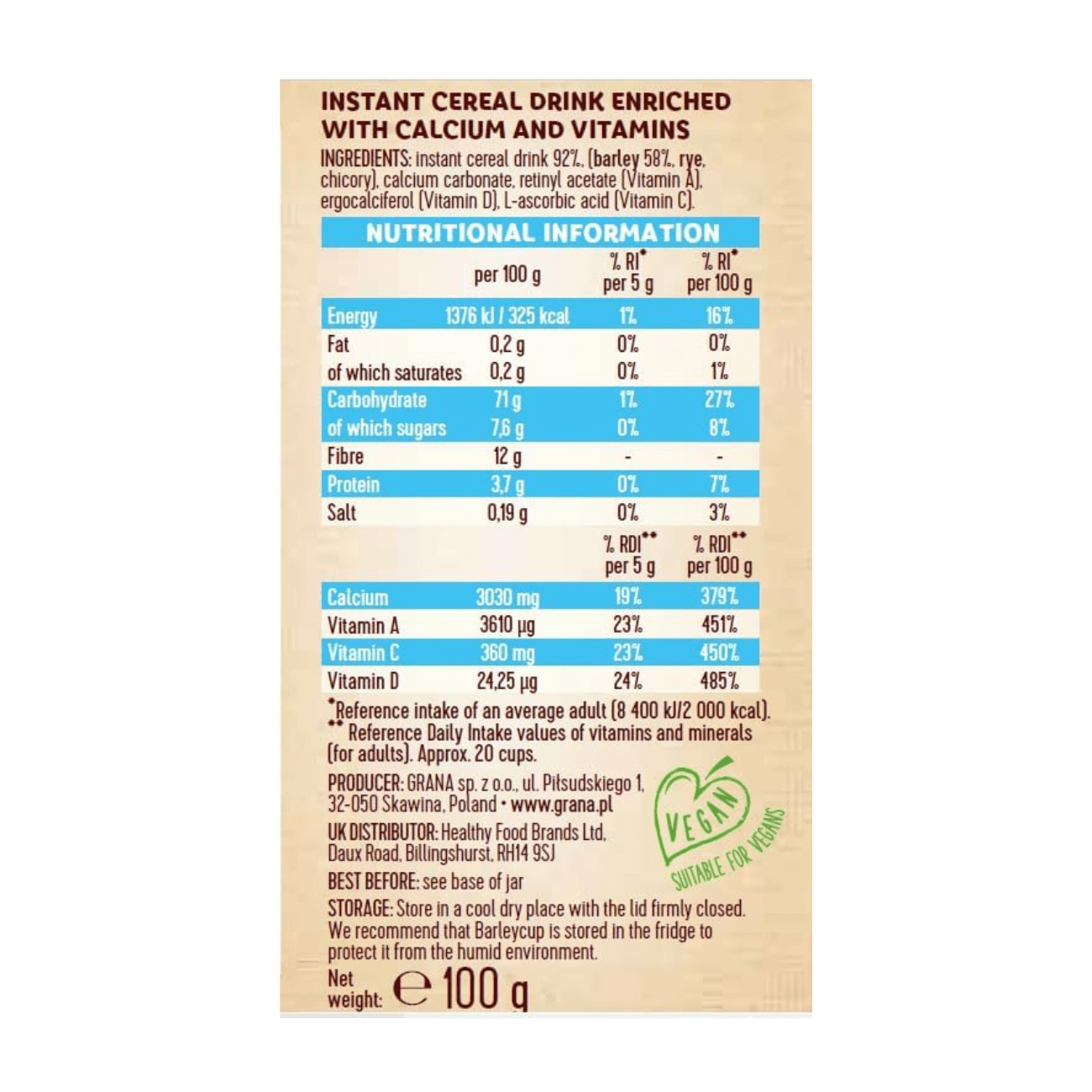 Instant Cereal Drink Calcium & Vitamins 100g - Barleycup - Cereal Drinks - Eco Natural Products