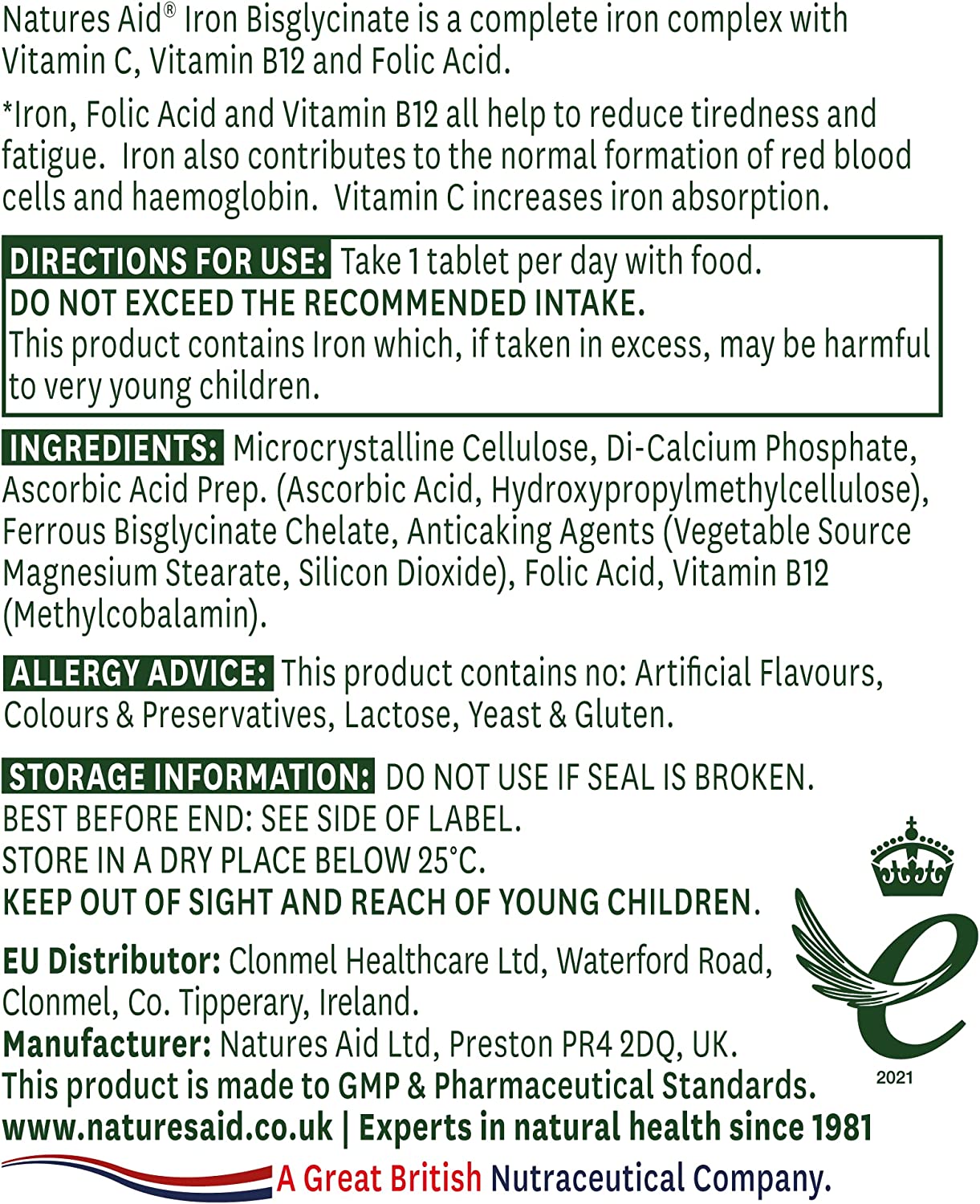 Iron Bisglycinate 90 Tablets - Natures Aid - Vitamins & Supplements - Eco Natural Products