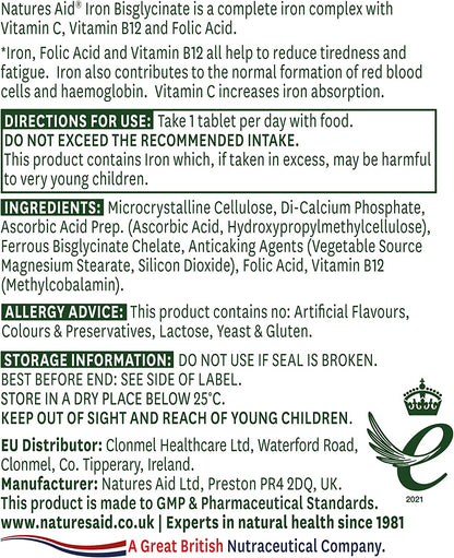 Iron Bisglycinate 90 Tablets - Natures Aid - Vitamins & Supplements - Eco Natural Products