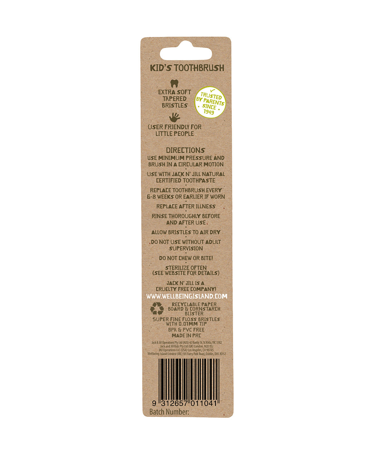 Jack N' Jill Bunny toothbrush pack back with directions