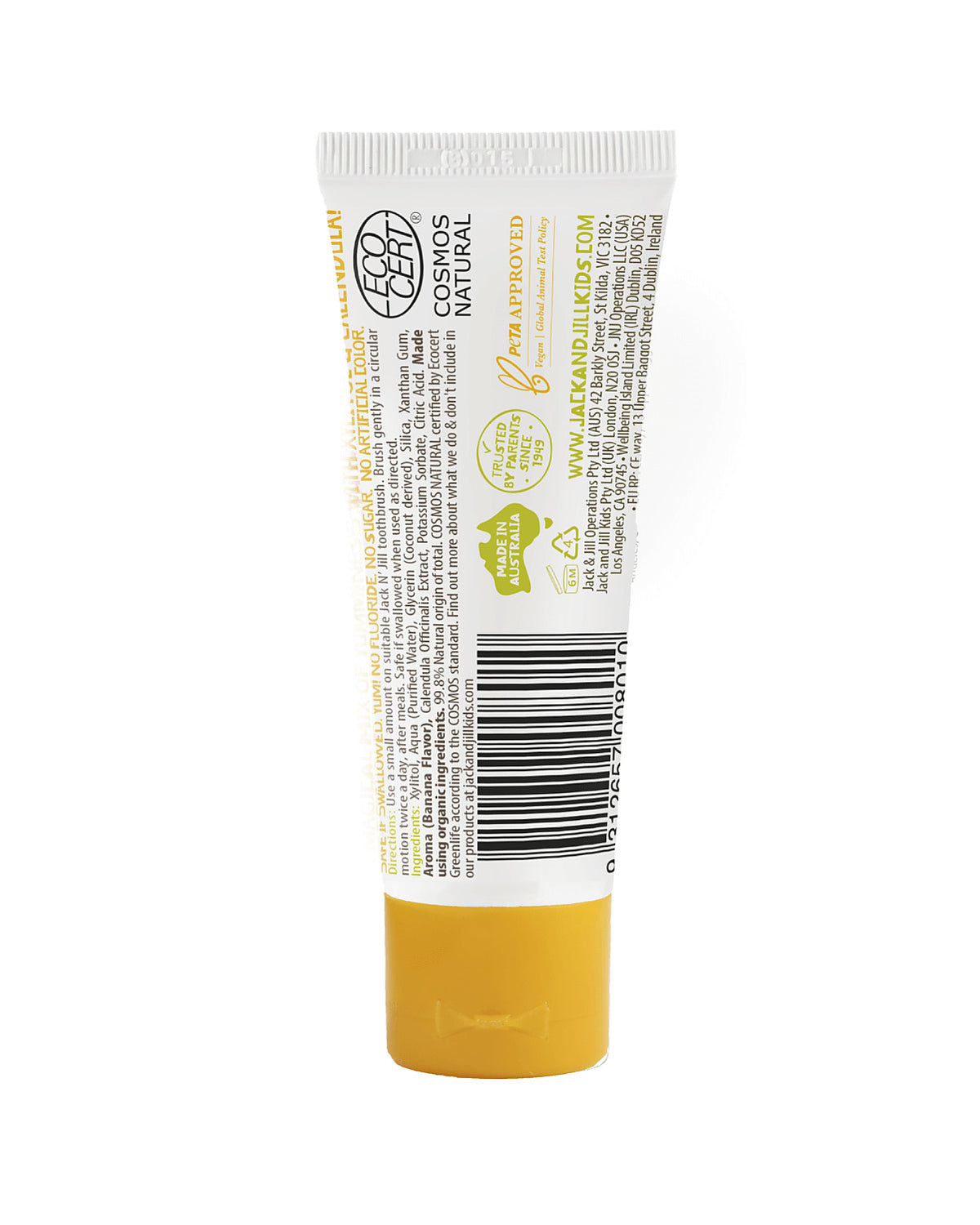 Jack N' Jill Kids Toothpaste Banana 50g tube back with ingredients