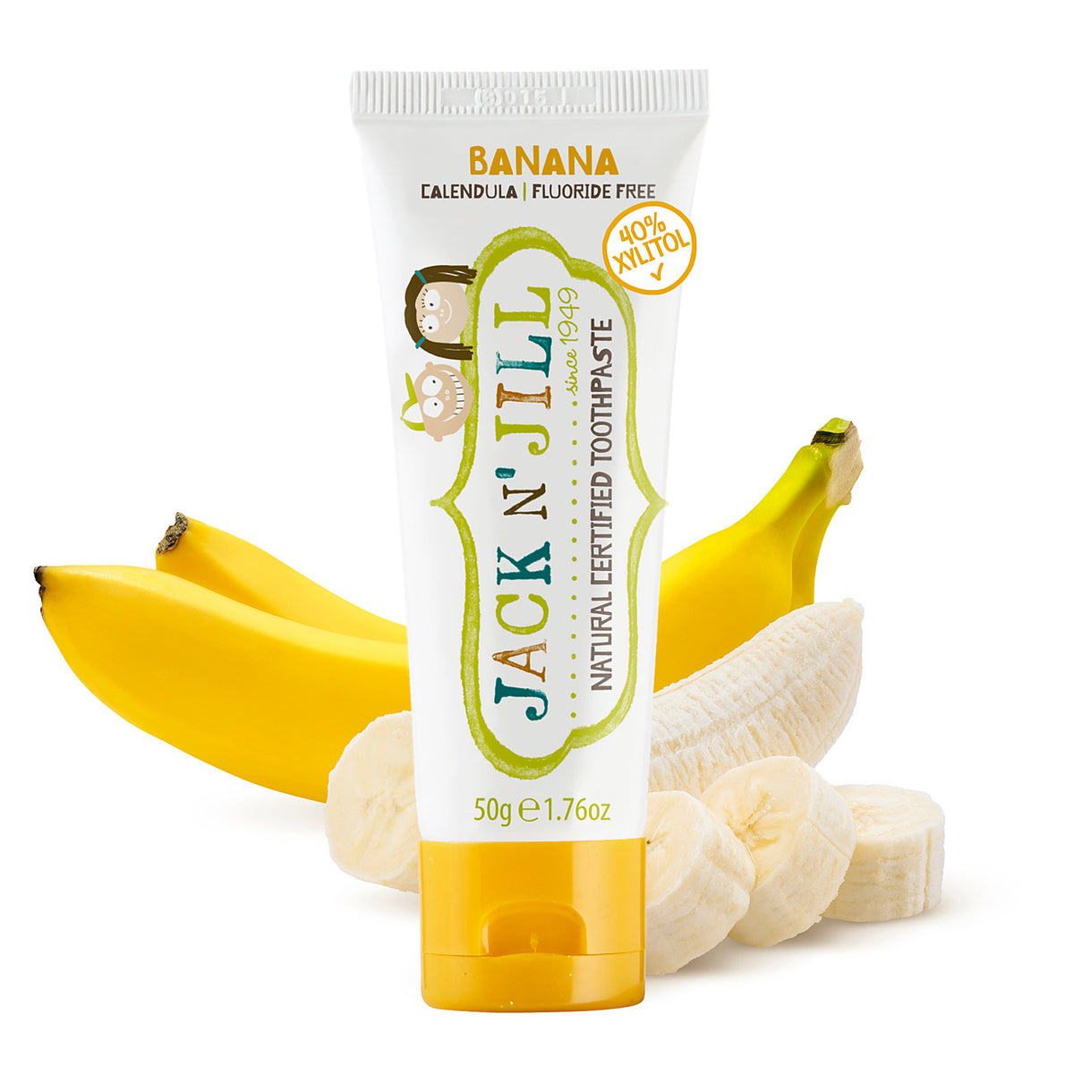 Jack N' Jill Kids Toothpaste Banana 50g tube front with bananas
